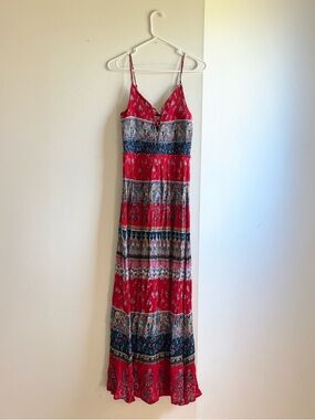 Eclipse Red Patterned Boho Maxi Dress with Spaghetti Straps